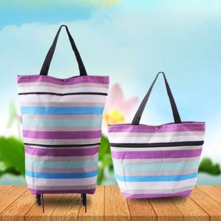 折叠滑轮可购物袋便携式包 紫蓝色