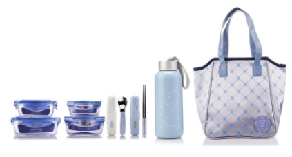 乐美雅 LC-S2809-N 凡尔赛八件套 (大小方形+大小圆形+玻璃透乐杯+筷子+勺子+大色布丁餐包)(单位套) 蓝色 八件套